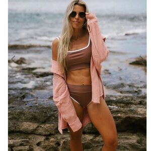 LainSnow Brown Bikini Set with White Trim